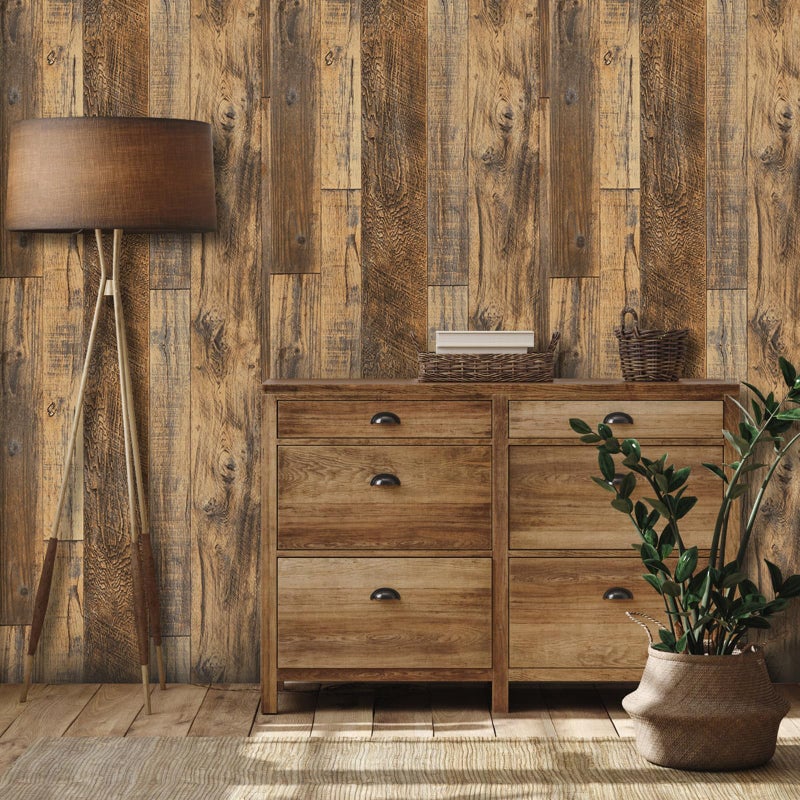Decoroom 17.71''Ã—236.2'' Wood Plank Wallpaper Self-Adhesive Shiplap Brown Peel and Stick Wall Paper Removable Home Decorative Faux/Distressed Wooded Grain Vinyl Film Roll Furniture Wall Covering - Image 2